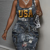 Women's High-Waisted Stretchy Imitation Denim Sleeveless Dress with Glitter USA Letter Print - Casual Summer Machine-Washable Denim-Style Dress for Adults, Denim Dress