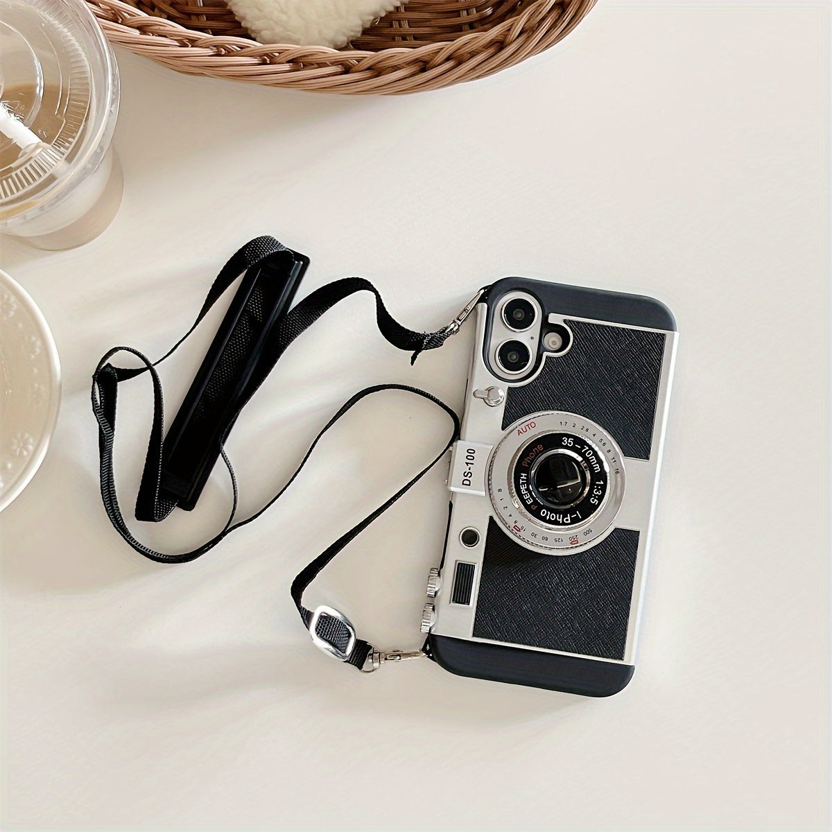 Fashion Crossbody Strap 3D Camera Phone Case for iPhone 16 15 Pro 14 Plus 11 13 12 Pro Max Cover Cute Soft Protective Cases
