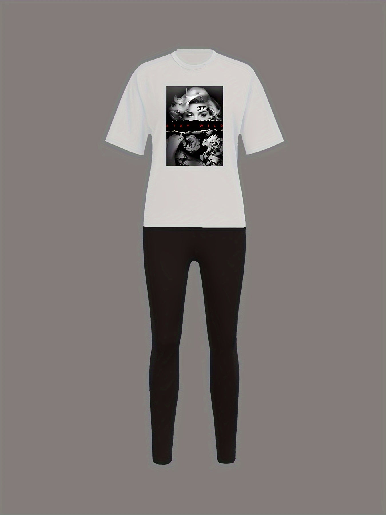 Women's Casual Polyester Two-Piece Outfit with Geometric Print Crew Neck T-Shirt and Stretchy Leggings Set - Knit Fabric, Spring Summer Collection - For Women - Perfect for Casual Wear, Loungewear, or Running Errands - Ideal