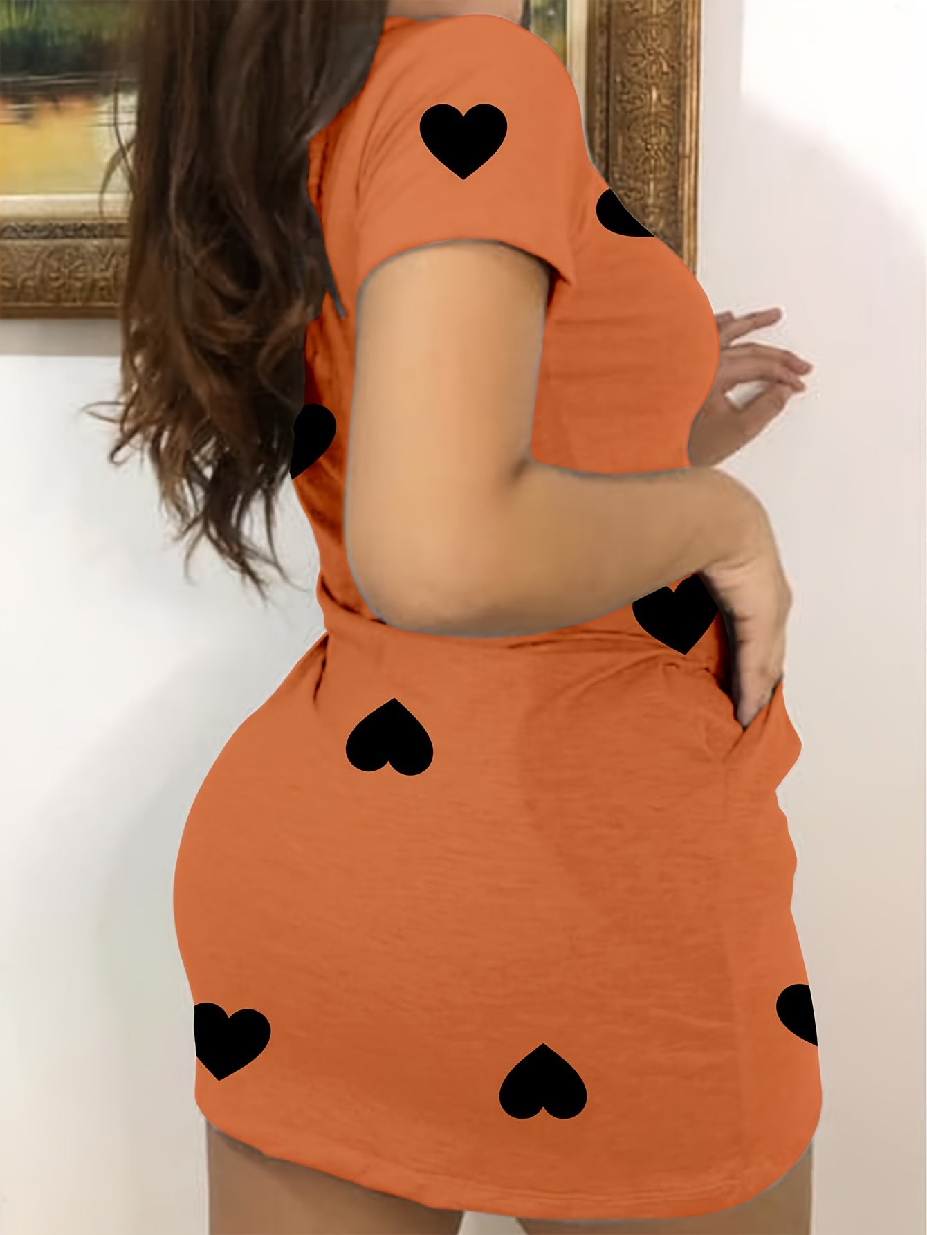 Charming Heart Print Crew Neck Pocket Dress - Women's Short Sleeve Dresses for Spring & Summer - Comfortable, Casual, and Versatile Clothing for Young Ladies