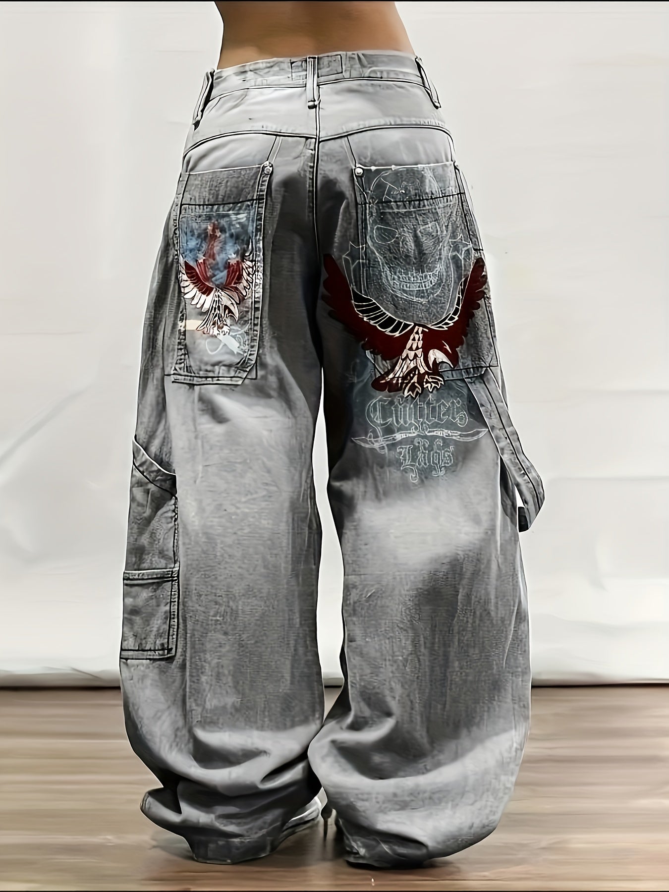 Print-Inspired Y2K Street Style Loose Fit Wide Leg Jeans for Women & Men - Gray Washed Denim with Eagle Design, Polyester Blend, Comfortable & Stylish Hip-Hop Fashion Pants, Casual Wear Pants | Patched Pocket Jeans | Durable