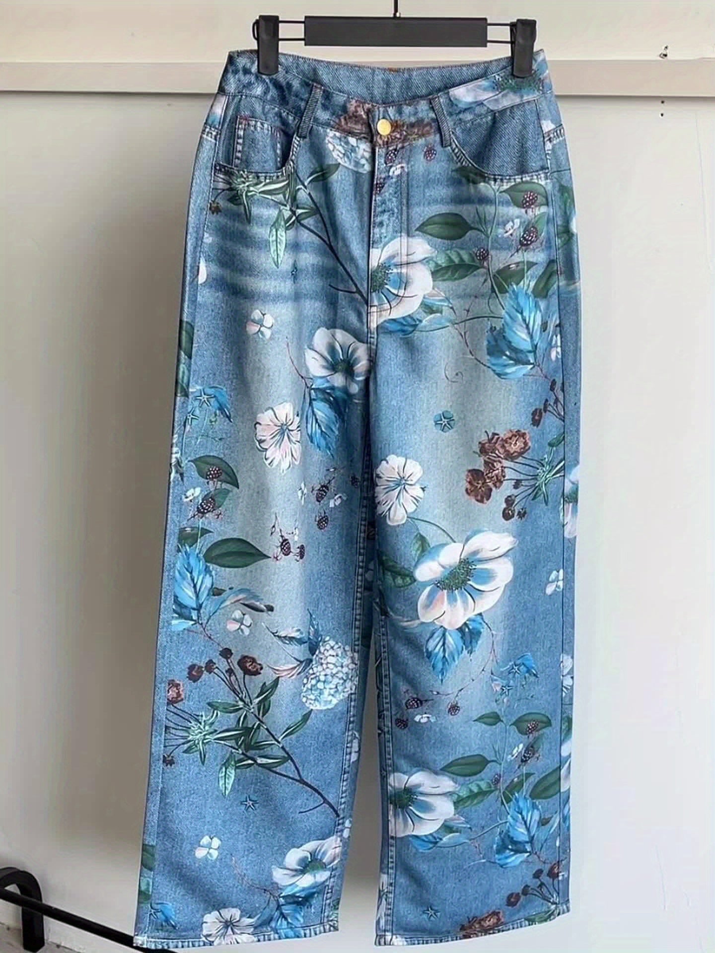 Loose-Fitting Casual Street Style Retro Floral Print High-Waisted Wide-Leg Blue Faux Denim for Women'S Fashion in All Seasons.