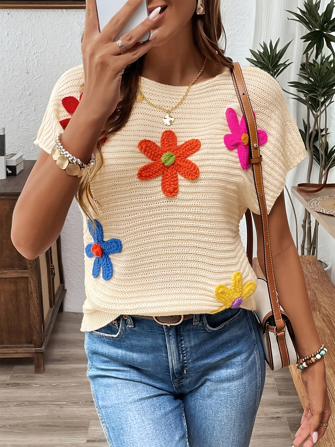 Women'S Elegant Viscose Floral Top - Colorful 3D Crochet Design, Short Sleeve, Round Neck, Casual Summer Blouse with Floral Embroidery, Casual Summer Top|Floral Embroidery Top|Viscose Fabric