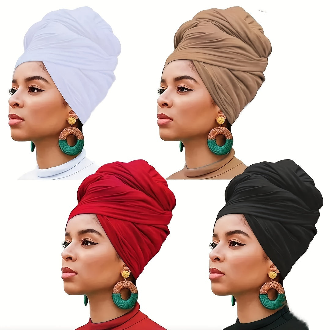 Set of 4 Bohemian Style Pleated Head Wraps, Elegant Solid Color Turban Caps, Breathable And Ultra Soft Extra Long Headbands for Women