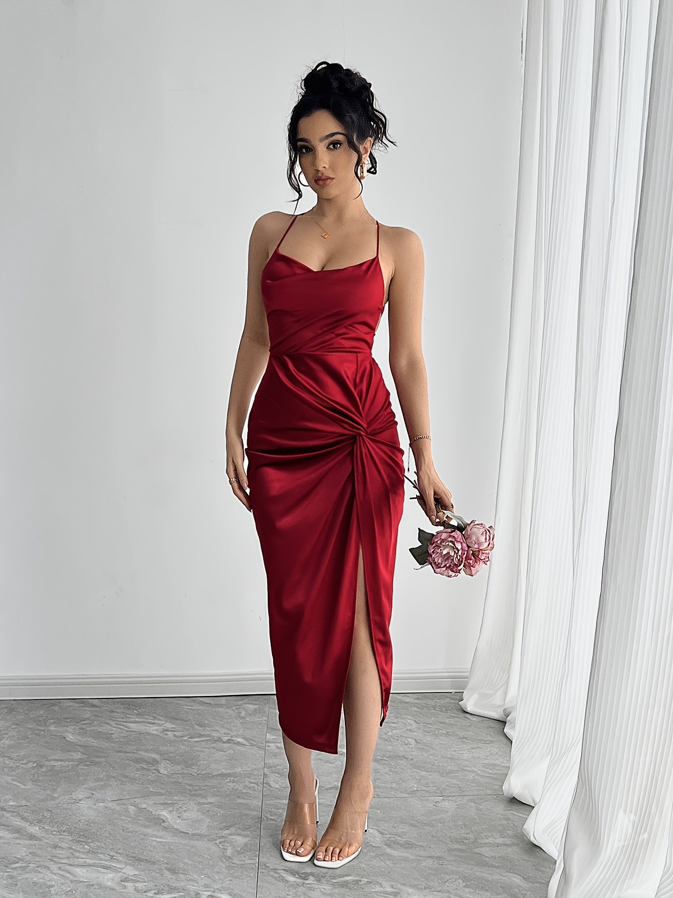 Elegant Backless Twist Knot Cross Strap Split Thigh Evening Dress, Polyester with Elastane, Machine Washable - All Seasons, Party Dress