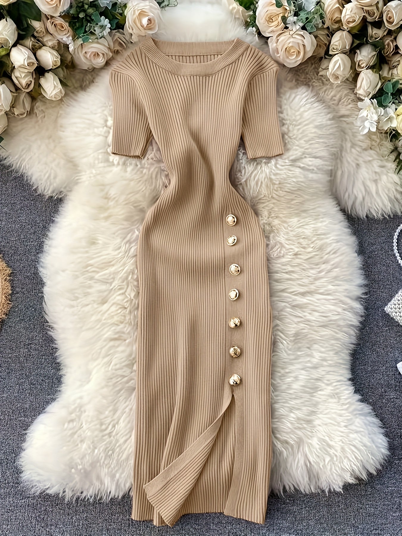 Sophisticated Gatherings] Elegant Beige Ribbed Knit Midi Dress with Side Slit and Button Detail - Short Sleeve, Round Neck, Stretchy Viscose Blend, Perfect for Sophisticated Evenings, Elegant Event Dress|Midi Length Dress|Lux