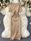Sophisticated Gatherings] Elegant Beige Ribbed Knit Midi Dress with Side Slit and Button Detail - Short Sleeve, Round Neck, Stretchy Viscose Blend, Perfect for Sophisticated Evenings, Elegant Event Dress|Midi Length Dress|Lux