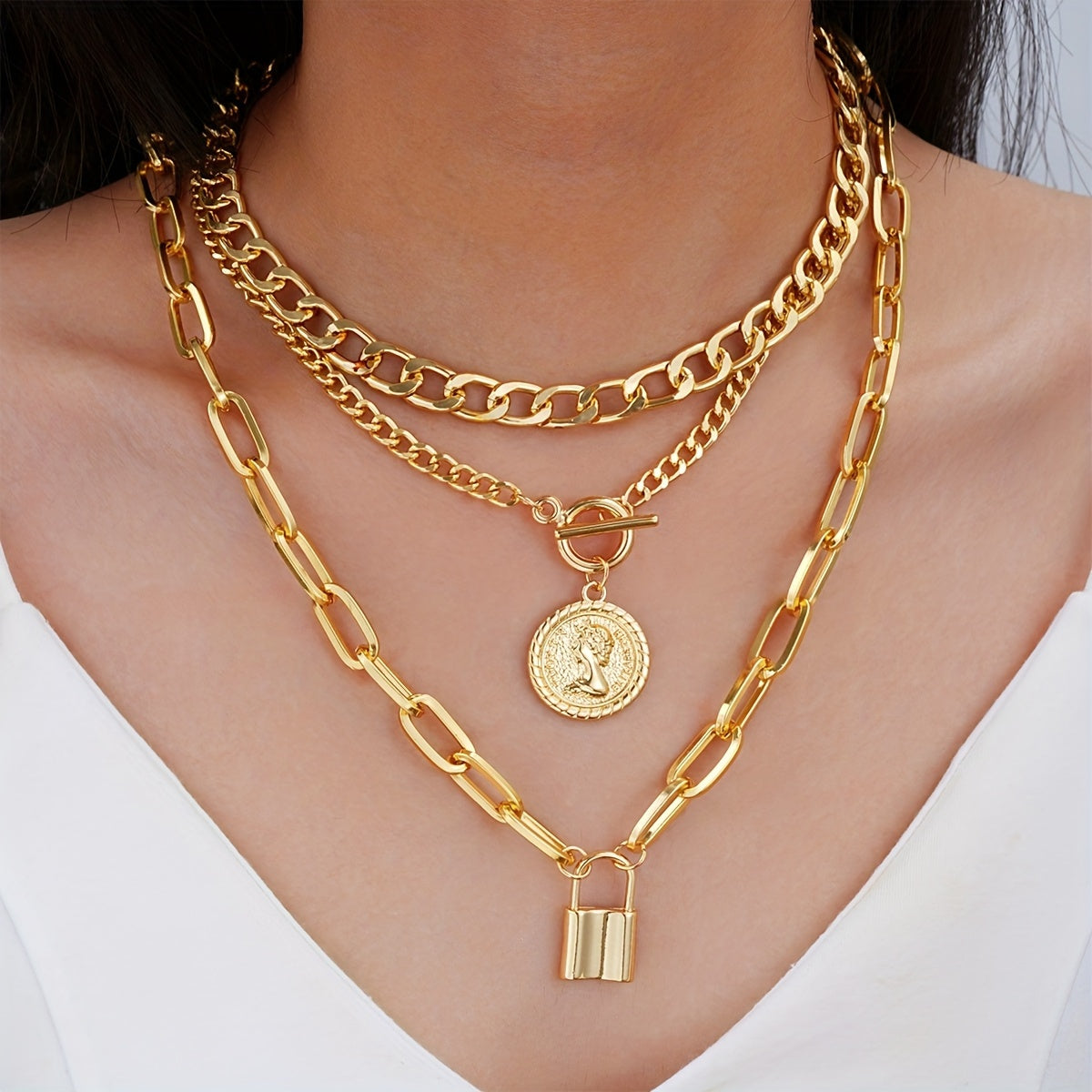 Luxury Golden Multilayer Cuban Chain Necklace with OT Clasp and Portrait Pendant - Women’s Punk Style Layered Jewelry for Casual Attire, Mother’s Day Gift, Pendant Necklace