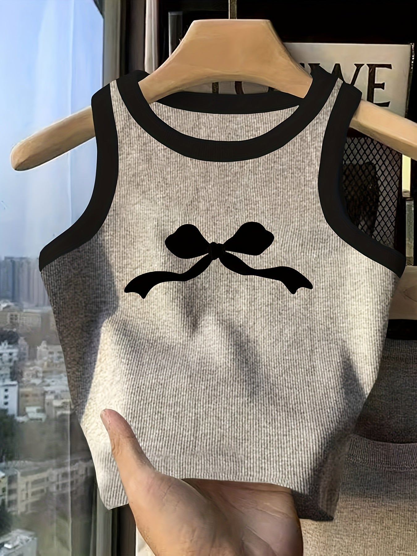 Teenage Girls' Cute Bow Print Tank Top, Simple Fashion for Casual Wear