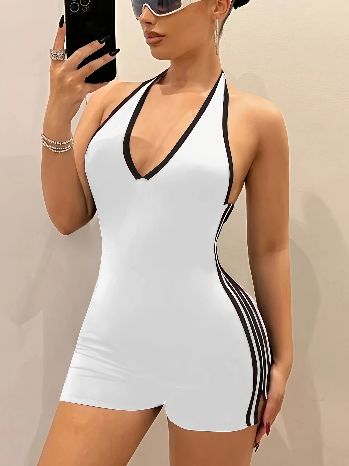[Minimalist Chic] Sleek Black & White Halter Romper for Women - Sexy Deep V-Neck, Slim Fit, Stretchy Polyester Blend, Perfect for Summer Casual Outings, Summer Casual Wear | Halter Neck Design | No Lining, Clothes for Young L