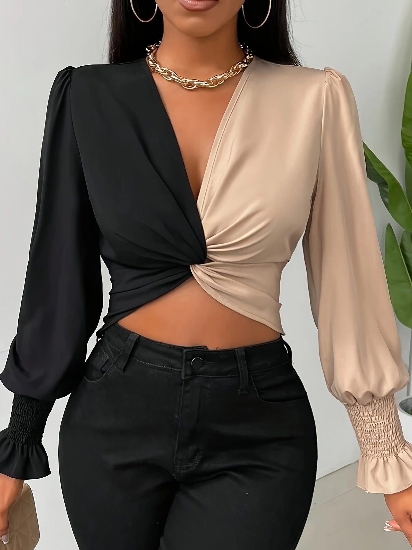Elegant Color Block Twist-Front V-Neck Blouse - Long Sleeve, Stretchy Polyester Blend, Machine Washable - Chic Women's Fashion Top