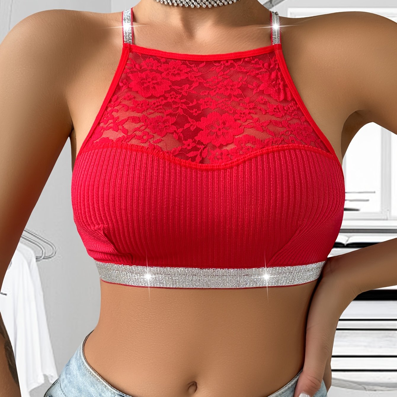 Women's sexy top, vest, sexy lace pattern splicing, shiny silver strap bra, comfortable, fashionable, soft and close fitting Women's underwear and underwear