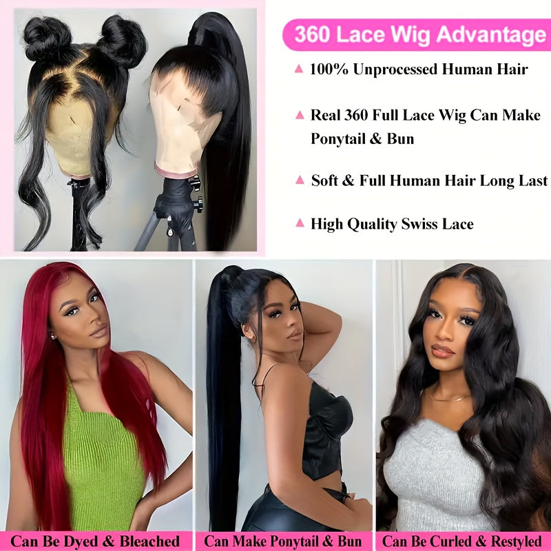 360 Full Human Hair Lace Wig For Women - 26-36 Inch Straight HD Lace Front Wig With Transparent Lace, 180% Density, Natural Color, Perfect For Birthday Party Gifts