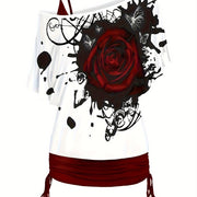 two-piece Y2K Floral Print Two-Piece Top Set: One-Shoulder Flutter Sleeve T-shirt & Skinny Cami Top Outfit