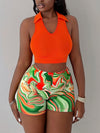 Vibrant Tropical Print Women's Two-Piece Set - Sleeveless Crop Top & High-Waisted Shorts, Casual Polyester Outfit, Machine Washable, Allseason Outfit|Vibrant Casualwear|Careerwear, Ladies Shorts Sets