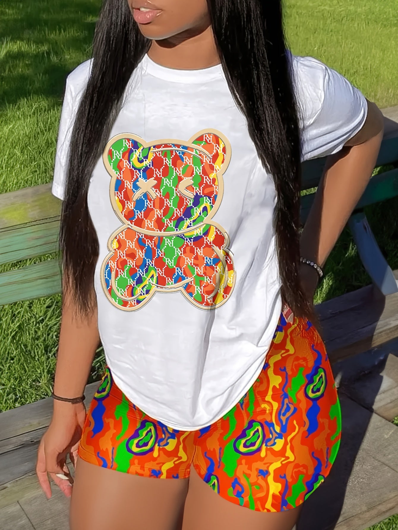 Rabbit Print Casual Shorts Set, Crew Neck Short Sleeve Top & Shorts Outfits For Spring & Summer, Women's Clothing