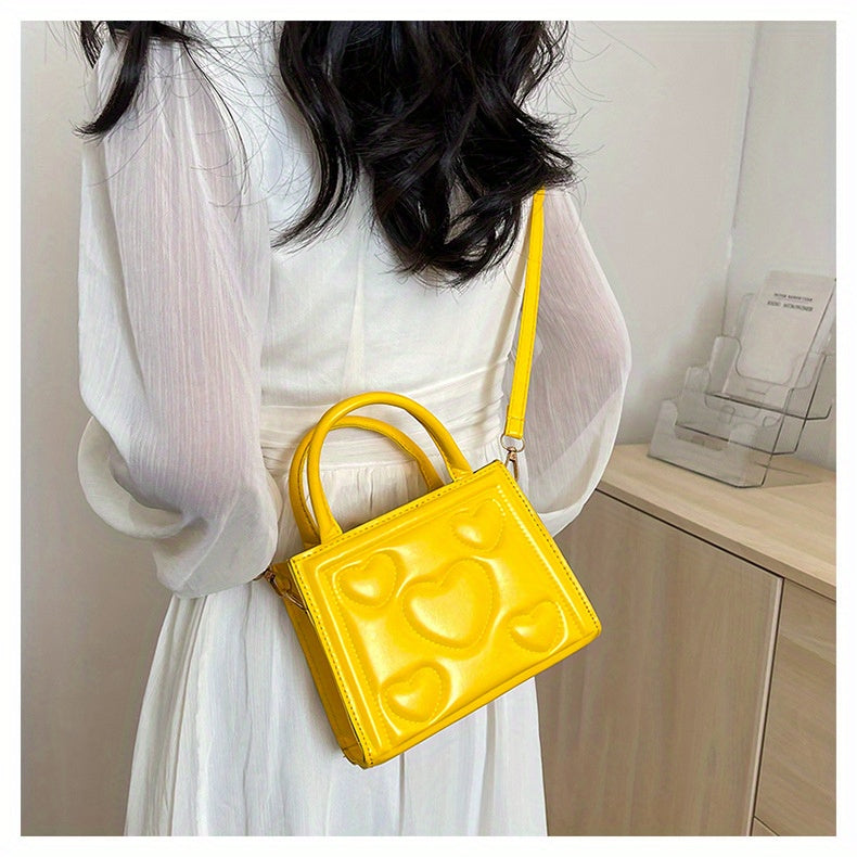 1pc Women’s Stylish Solid Color Handbag with Detachable Strap – Heart Pattern Design, Perfect for Valentine’s Day Gift, Available in Magenta, White, Black, Green, Yellow