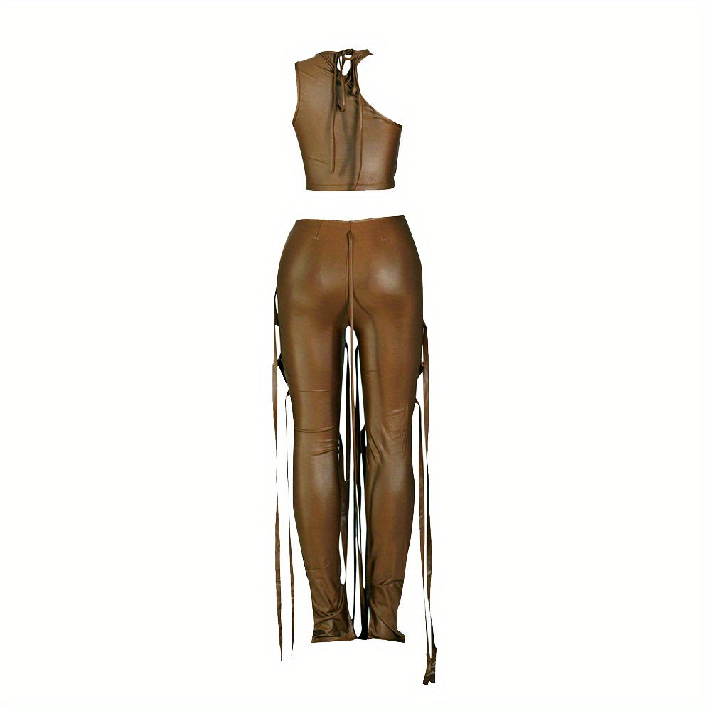 Chic Solid Two-piece Outfit Set - Trendy Asymmetrical Sleeveless Top & Slim-Fit Pants - Flattering Womens Wardrobe Essential