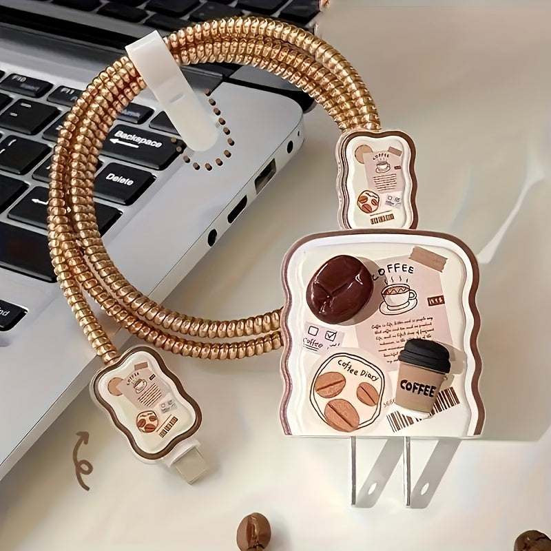 5pcs Simple Coffee for iPhone14promax Charger Protective Case Data Cable Protective Case for iPhone13/12/11 Charger Winder 18/20W Fast Charging Head Anti-Breakage Winder Boyfriend/Girlfriend Gift