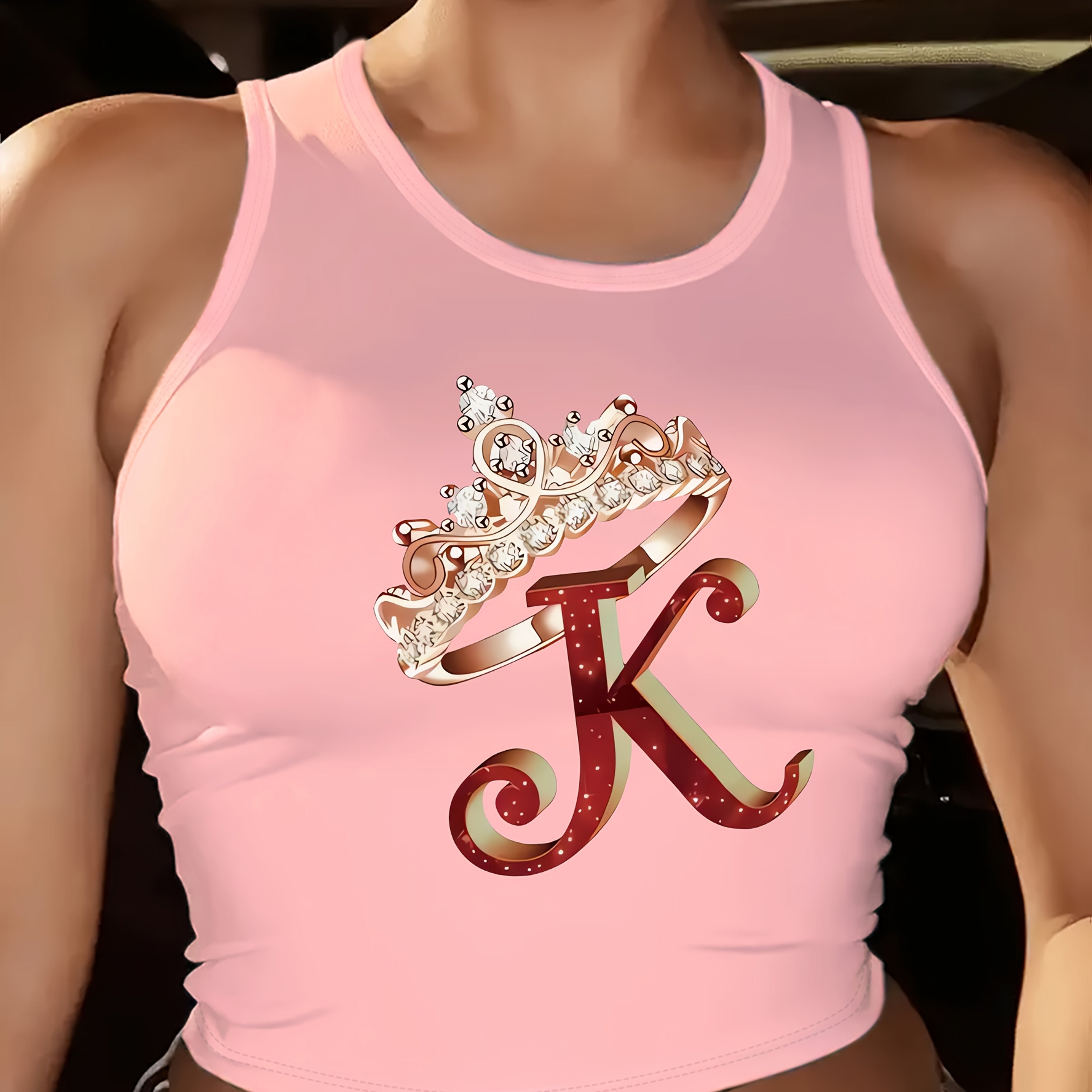Chic Maroon Sleeveless Tank Top for Women with Crown & "K" Design - Casual Crew Neck, Breathable Polyester Blend, Perfect for Spring/Summer