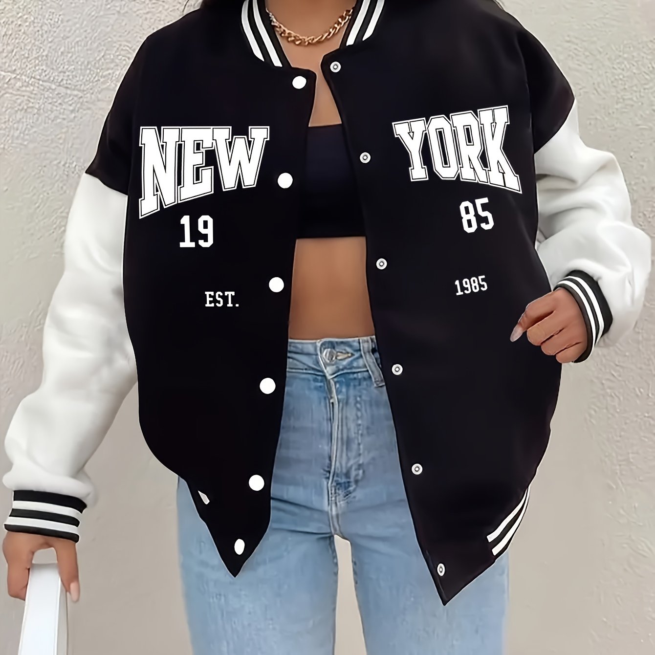 Women'S Casual Fall/Winter Polyester Baseball Collar Knit Jacket with Alphabet Pattern