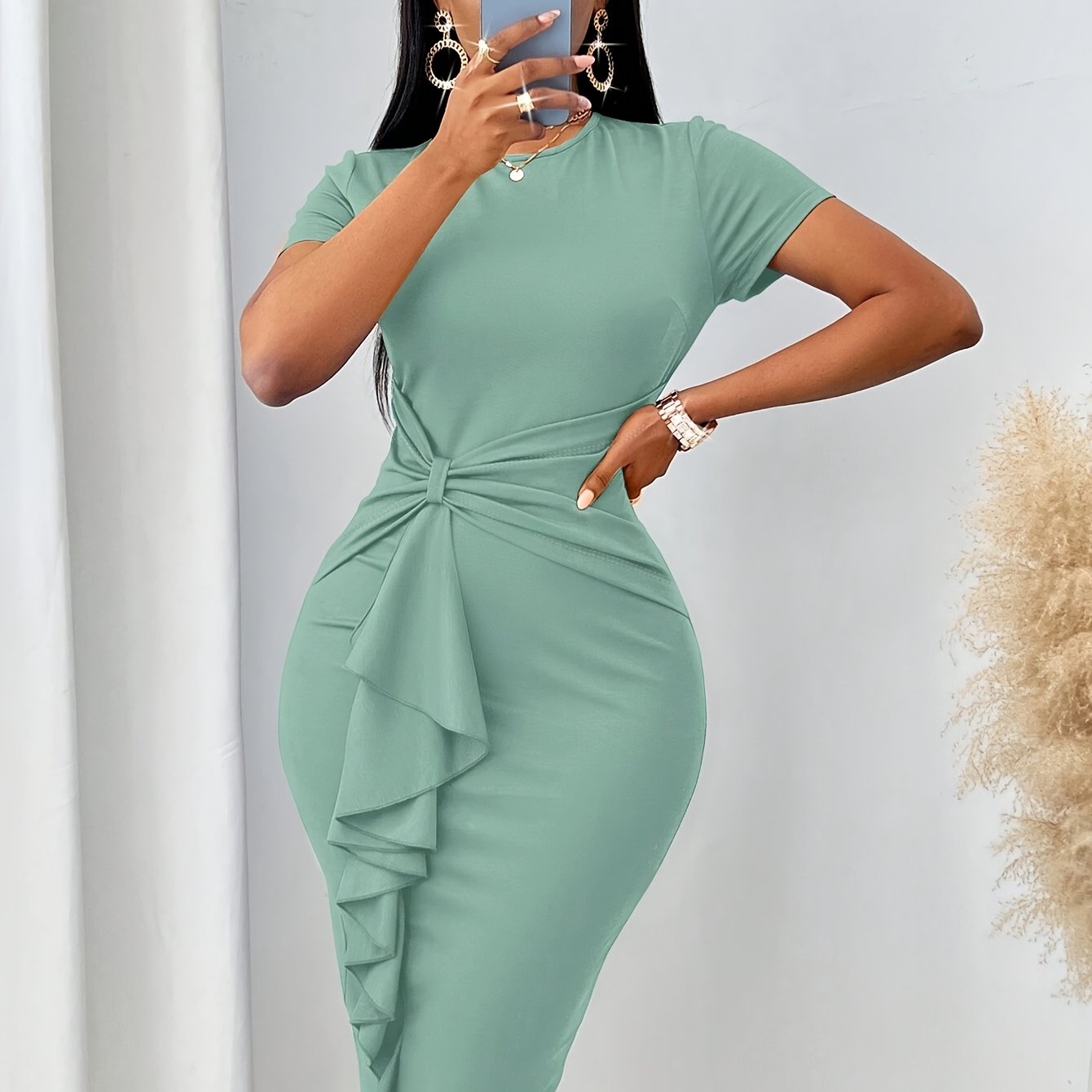 Elegant Light Blue Ruffle Trim Bodycon Midi Dress for Women - Short Sleeve, Round Neck, Stretchy Polyester Blend, Knot Detail, Machine Washable