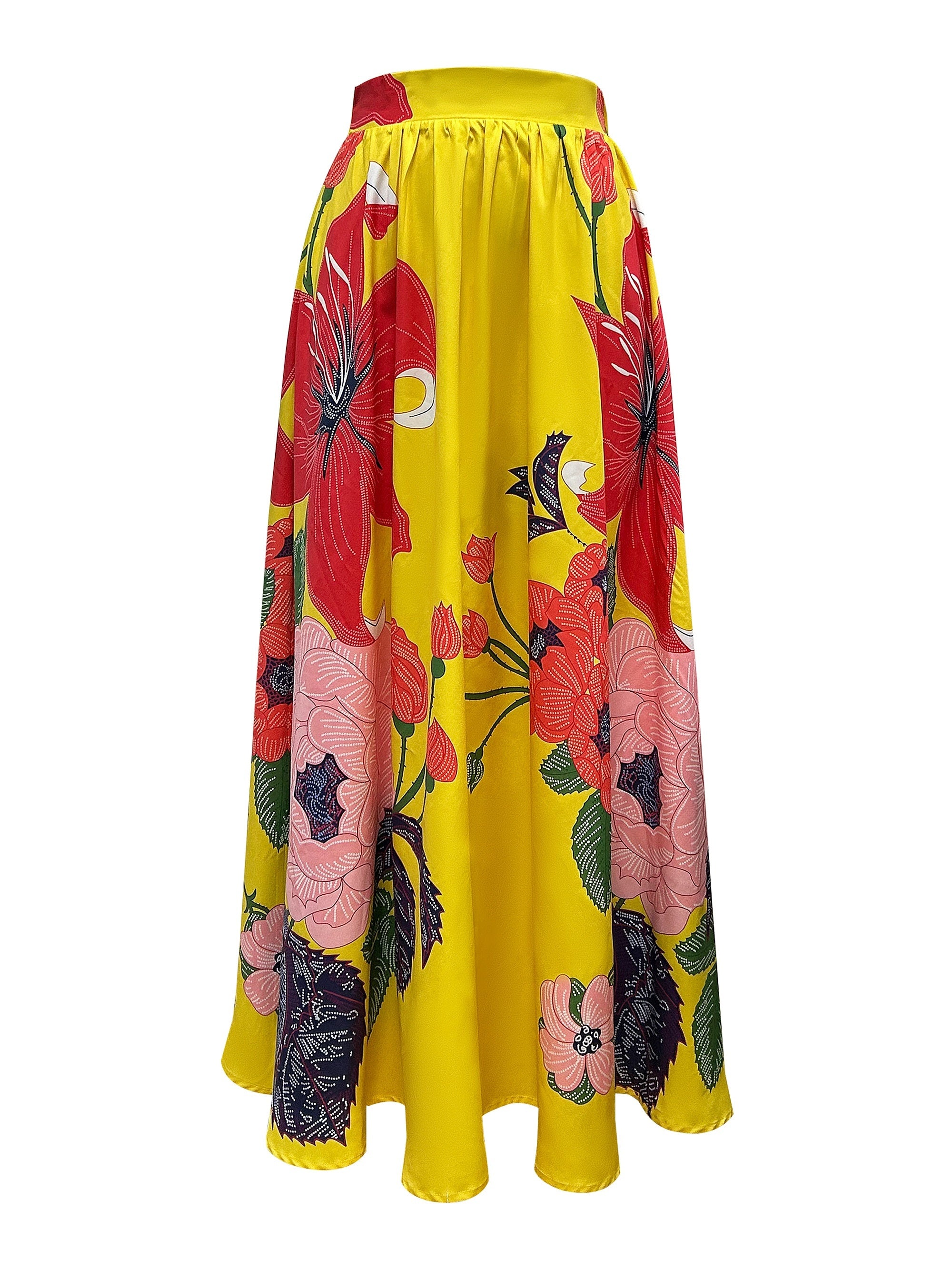 Floral Print Pocket Design Skirt, Elegant Elastic High Waist Maxi Skirt For Spring & Fall, Women's Clothing