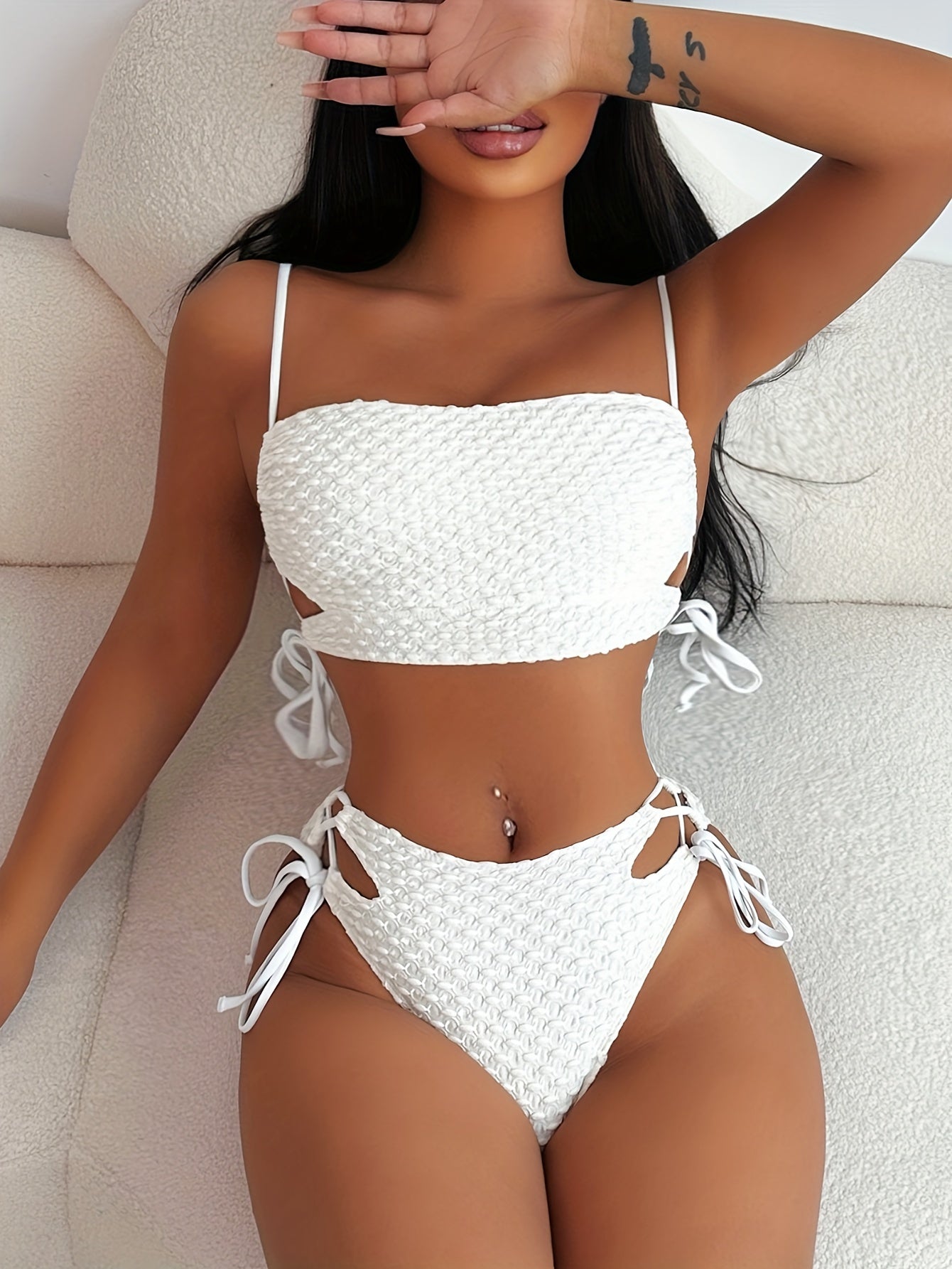 European and American Women's Sexy Grainy Swimsuit Beach Fashion Drawstring Strap Separated Swimsuit Solid Color High Waist Cross Strap Bikini Set
