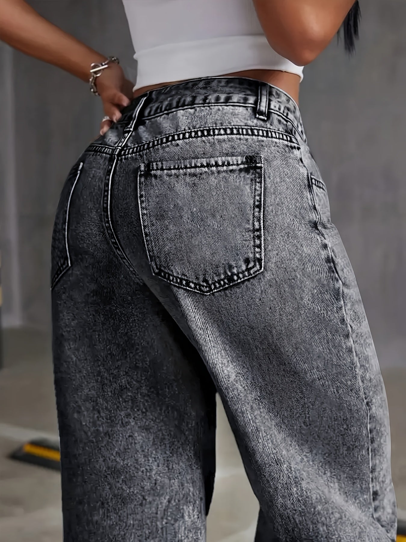 Women'S Fashion High-Waist Straight Leg Jeans, Casual Denim Cotton Blend, Medium Stretch, Solid Color, with Snowflake Wash, for All-Season Woven Pants