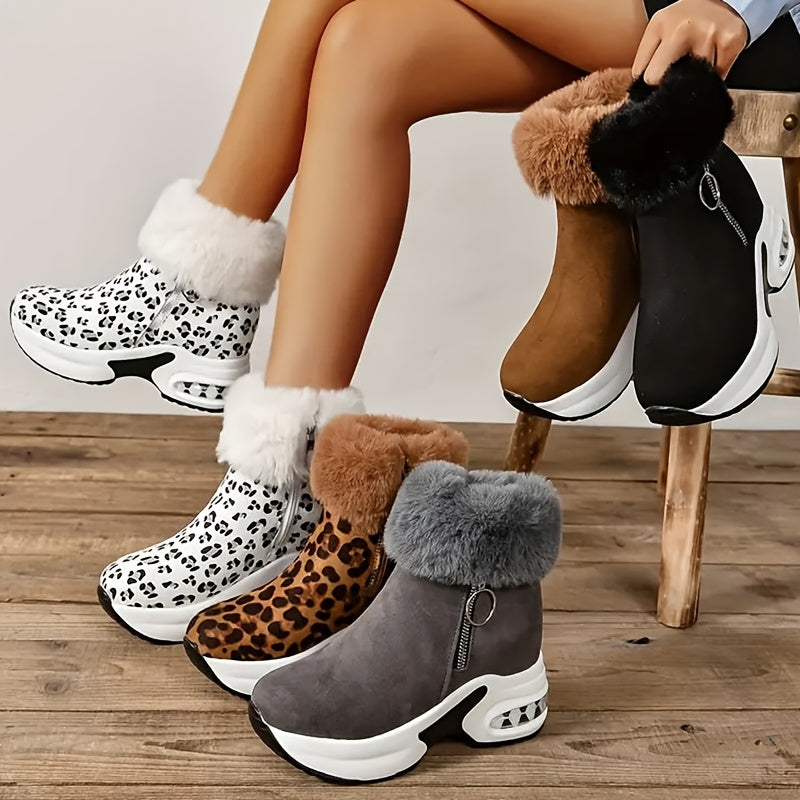 Elegant Women's Leopard Print Fashion Snow Boots with Side Zipper - Warm Fur-Lined Interior, Rubber Sole, Available in Black, Brown, Grey, and White