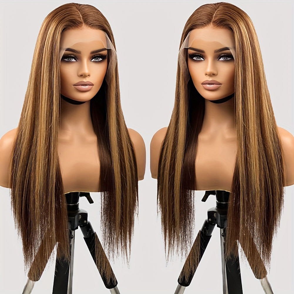 13x4 Honey Blonde Straight Lace Front Wigs Human Hair Highlight Ombre 200% Density Pre Plucked Pre Cut Transparent Frontal Human Hair Wigs For Women With Baby Hair 4/27