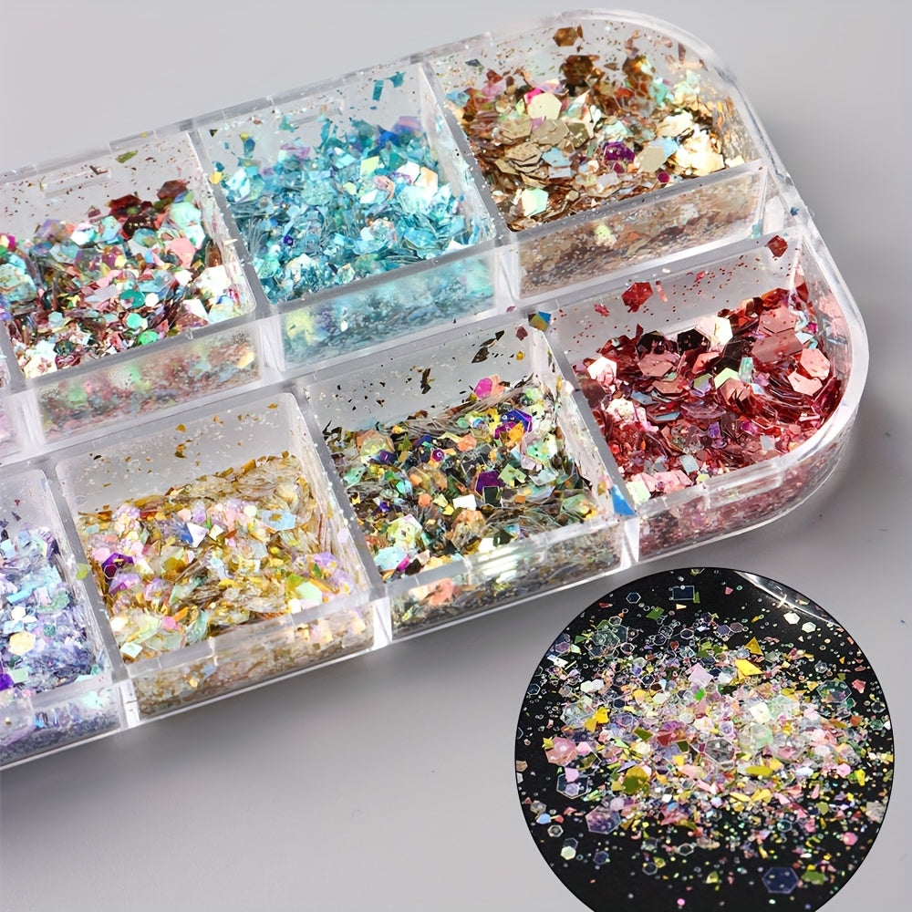 1 Box Holographic Hexagon Iridescent Nail Glitter Sequins - Mermaid Flakes Powder for Y2K Wedding Nail Art, Shiny Sparkly Sheets for Creative Manicures, Multi-Dimensional Colors (Pink, Blue, Green, Golden, Purple), Party Nail