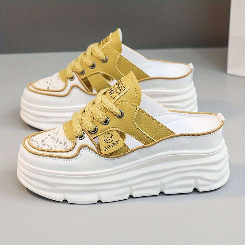 Comfortable Breathable Women's Platform Mule Sneakers, Casual Cutout Design Lace Up Summer Shoes