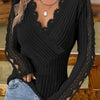 Contrast Lace Surplice Neck Rib Knit Top, Casual Long Sleeve Top For Spring & Fall, Women's Clothing