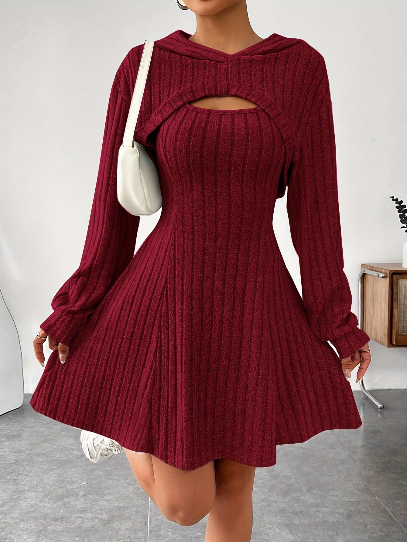 Long Sleeve Solid Color Ribbed Hoodie Shrug Top & Sleeveless Square Neck A-line Tank Dress Set, Women's Clothing Outfits