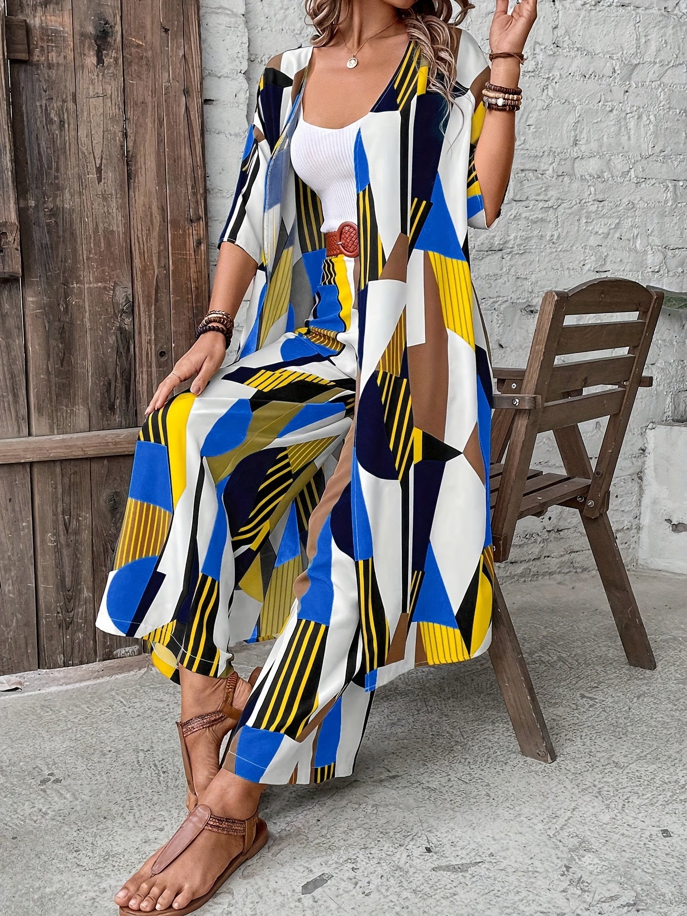 Vacation Style Geo Print Pantsuits Set, Long Length Short Sleeve Shirt & Wide Leg Pants Outfits, Women's Clothing