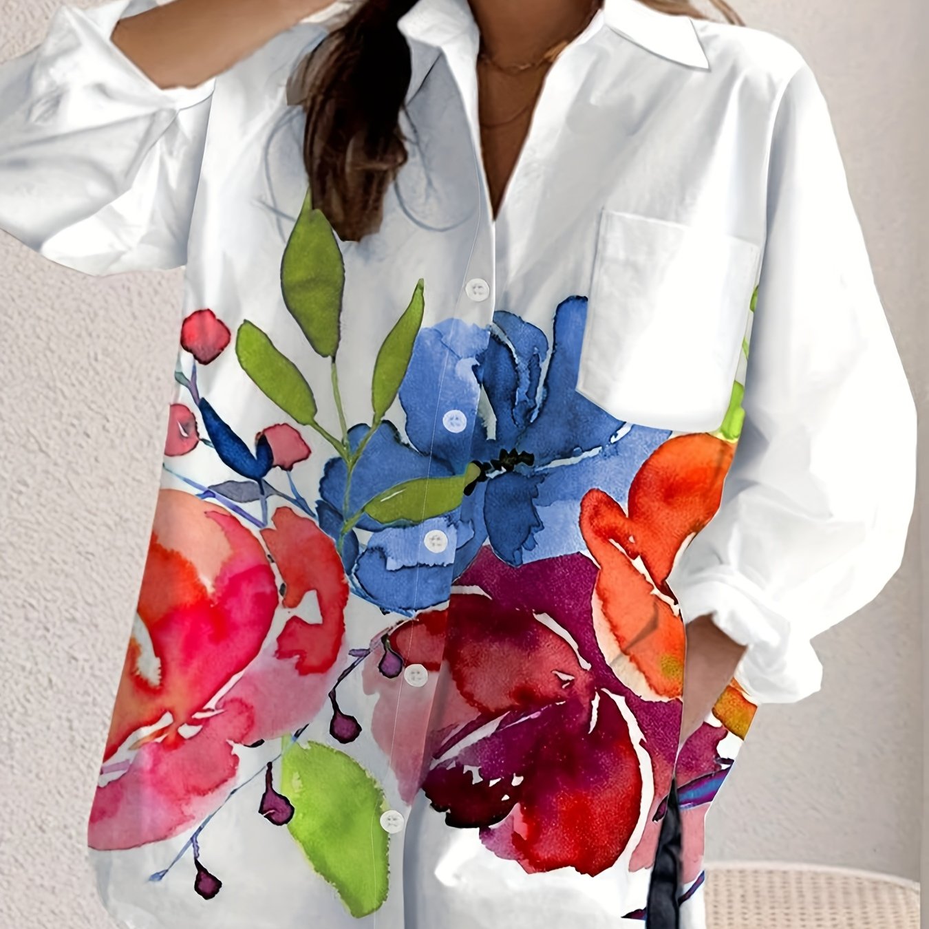 New Women'S Casual Ink Painting Printed Button-Up Long Sleeve Shirt