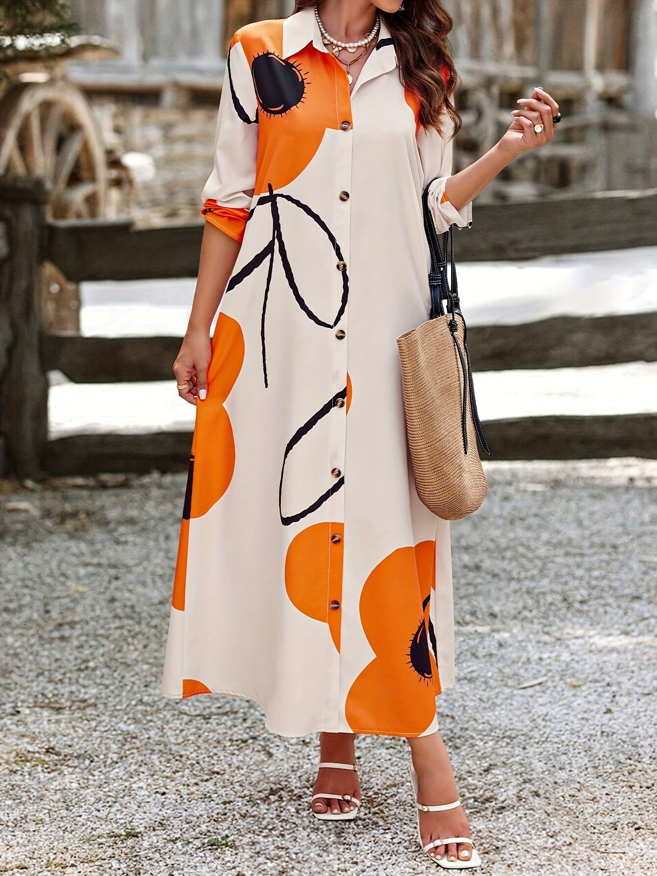 Elegant Floral Print Button-Up Long Dress - Casual Long Sleeve, Loose Fit with Lapel Collar for Women, Elegant Style, Four Seasons
