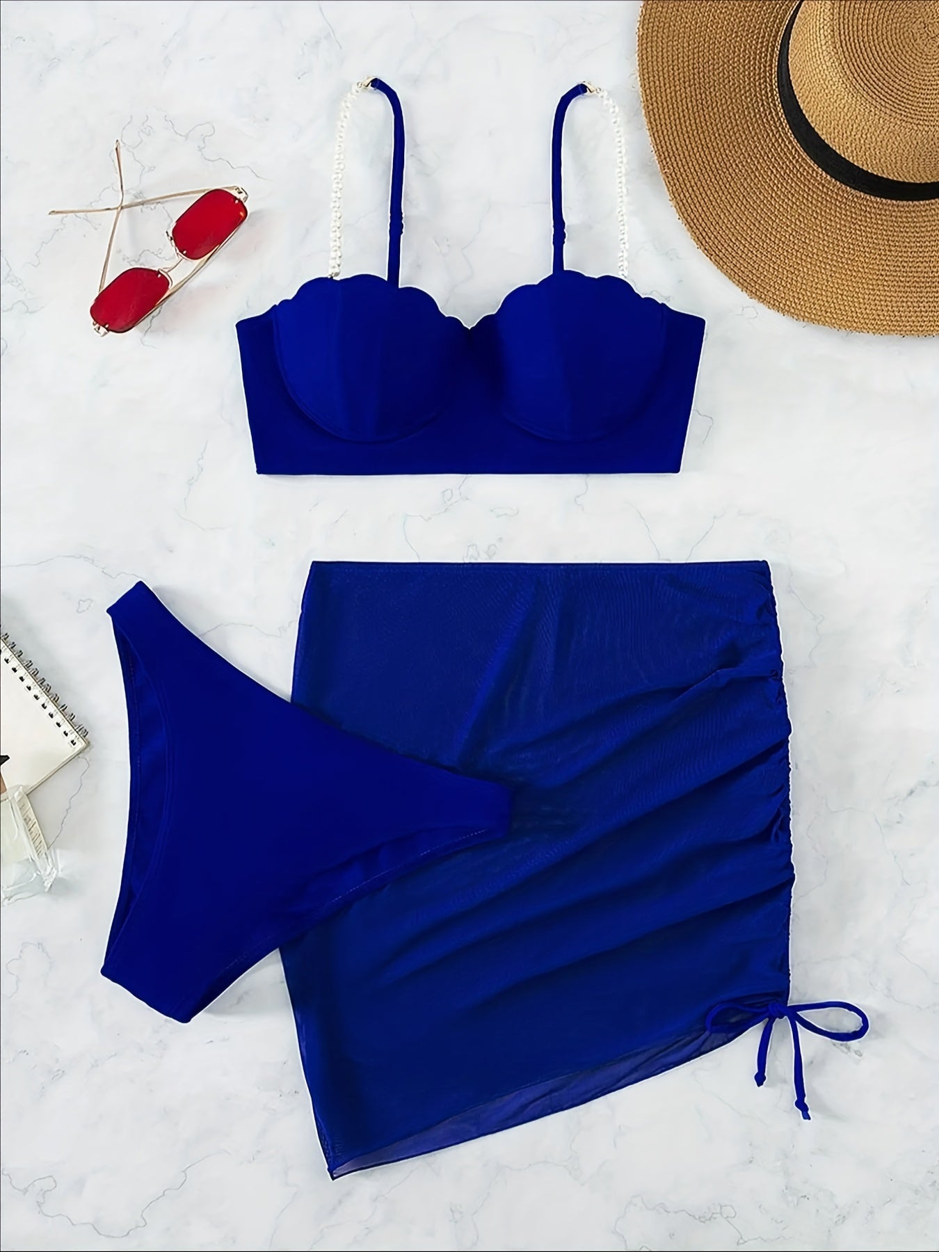 Three piece swimsuit pearl jewelry hard wrap Bikini Women's mesh skirt