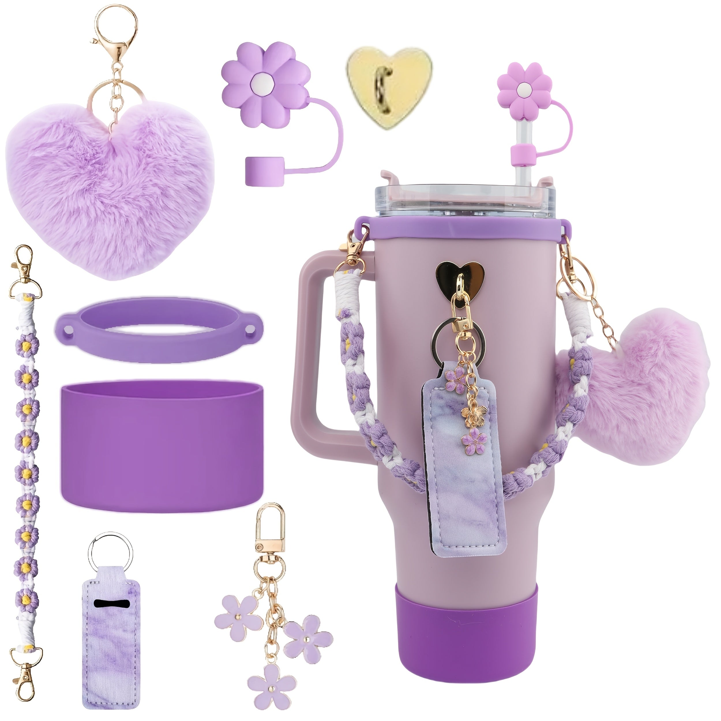 Exquisite 8pcs Cup Accessory Set 40 Ounces: Our Cup Accessory Set Includes Silicone Straw Cap, Rubber Cup Ring, Pearl Chain, Keychain, Bottle Boots, Heart-shaped Keychain, And Heart-shaped Hook, Stylish And Of Excellent Quali