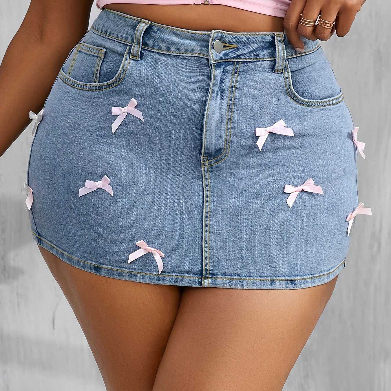 Plus Size Sexy Tight Denim Mini Skirt With Bow Decor, Blue