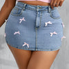 Plus Size Sexy Tight Denim Mini Skirt With Bow Decor, Blue