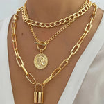 3pcs Retro Elegant Fashion Metal Round Head Lock Portrait OT Buckle Multi-layer Necklace Personalized Hip-hop Stacked Collarbone Chain Suitable for Women's Vacation Party Date Gift Daily Wear Halloween Valentine's Day New Yea