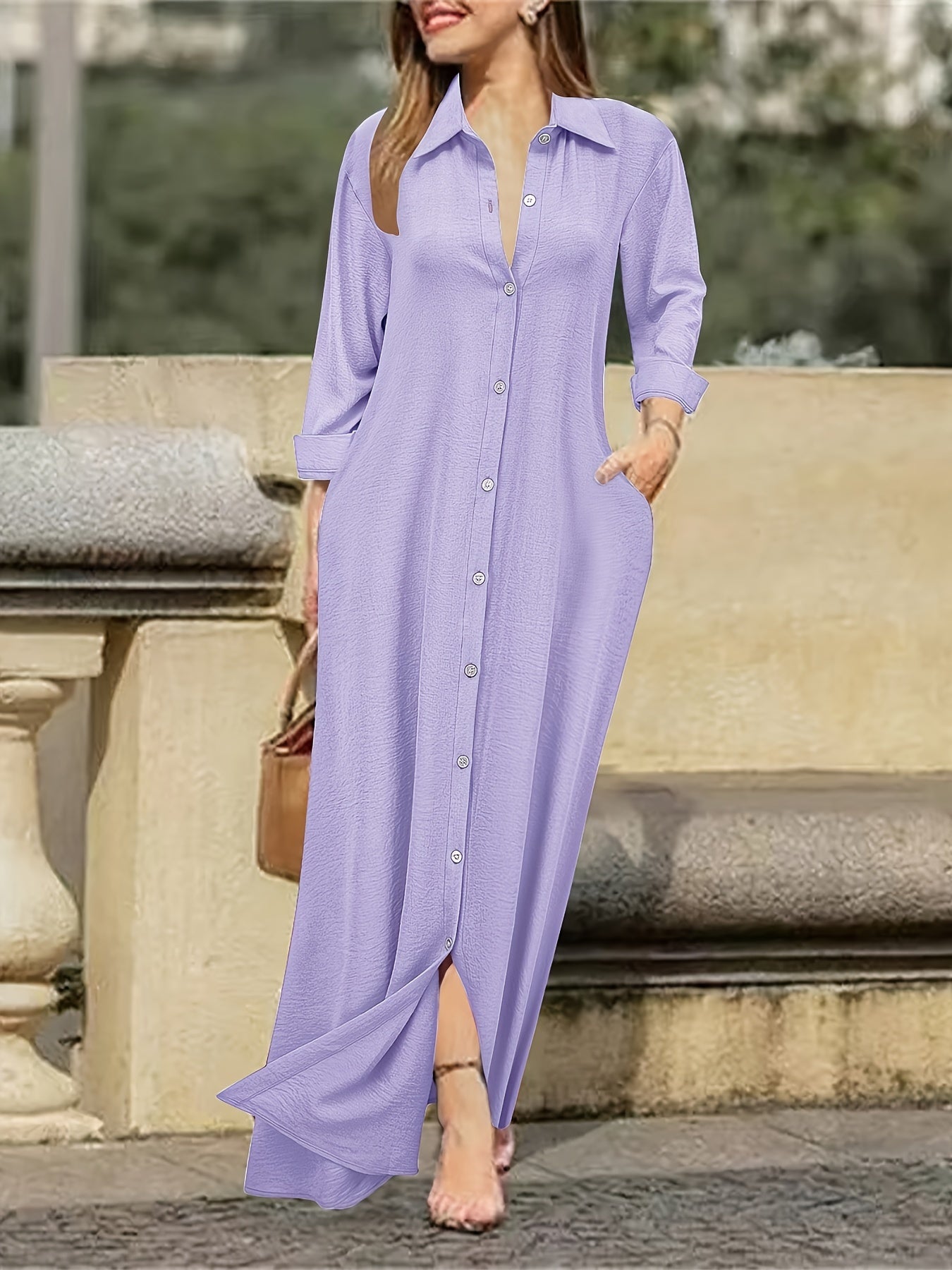 Women's Long Sleeve Shirt Dress - Casual Solid Color Polyester Button-Up with Woven Fabric, Adult All-Season Fashion Dress with Collar