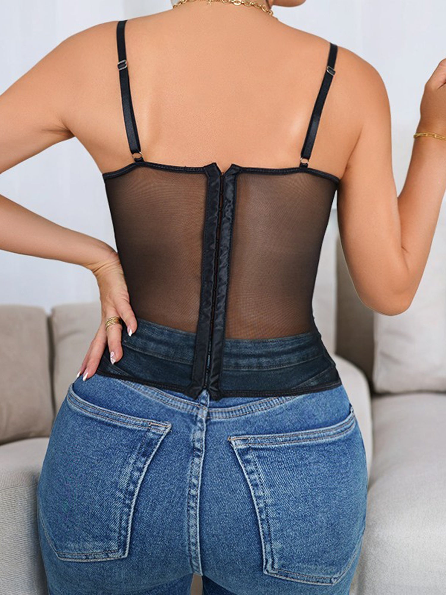 Women's Lace Corset Top | Sleeveless Spaghetti Strap Camisole Bustier | Semi-Transparent Black Polyester Mesh with Floral Lace Detailing | Sheer Design for Versatile Styling | Elegant and Comfortable Fit, Casual Wear Corset |