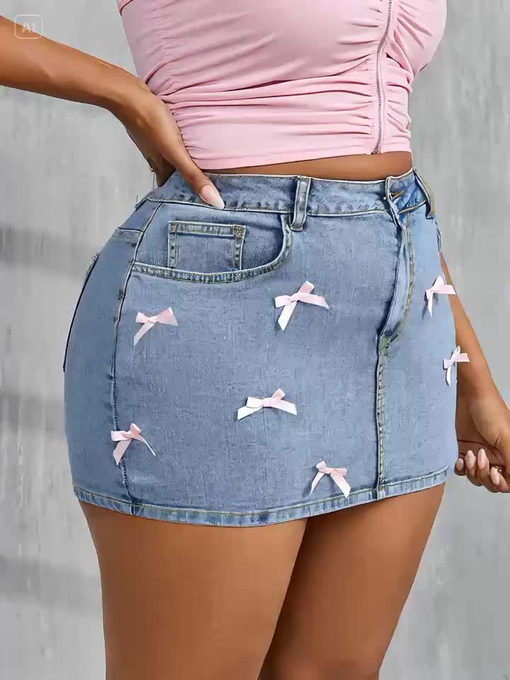 Plus Size Sexy Tight Denim Mini Skirt With Bow Decor, Blue