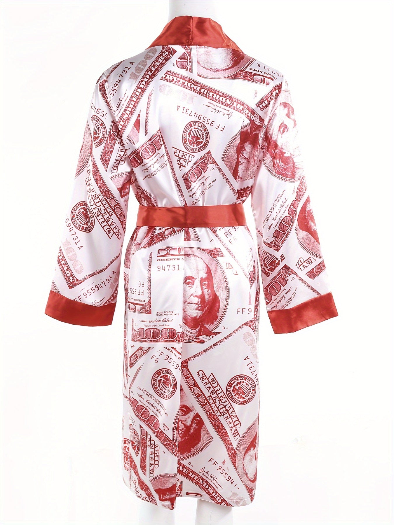 Women's Luxe Satin Robe with Golden Trim & Dollar Print - Long Sleeve V-Neck Kimono Bathrobe Sleepwear with Belt, Soft Polyester Fabric, Machine Washable, Ladies Bathrobe