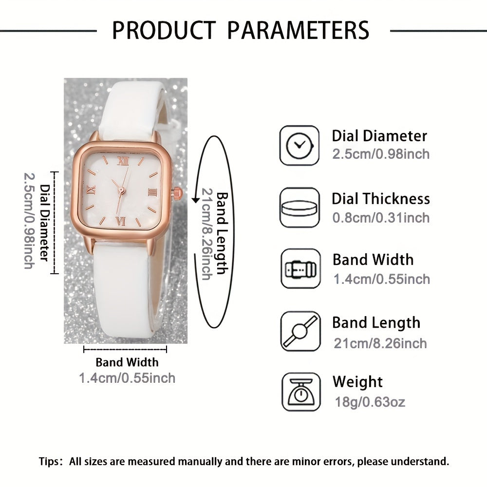 Elegant 5pcs Women'S Quartz Wristwatch and Jewelry Set with Square Alloy Case, Faux Leather Band, Non, Chic Simple Dial – Ideal for Work, Perfect Present for Halloween, Thanksgiving, Christmas