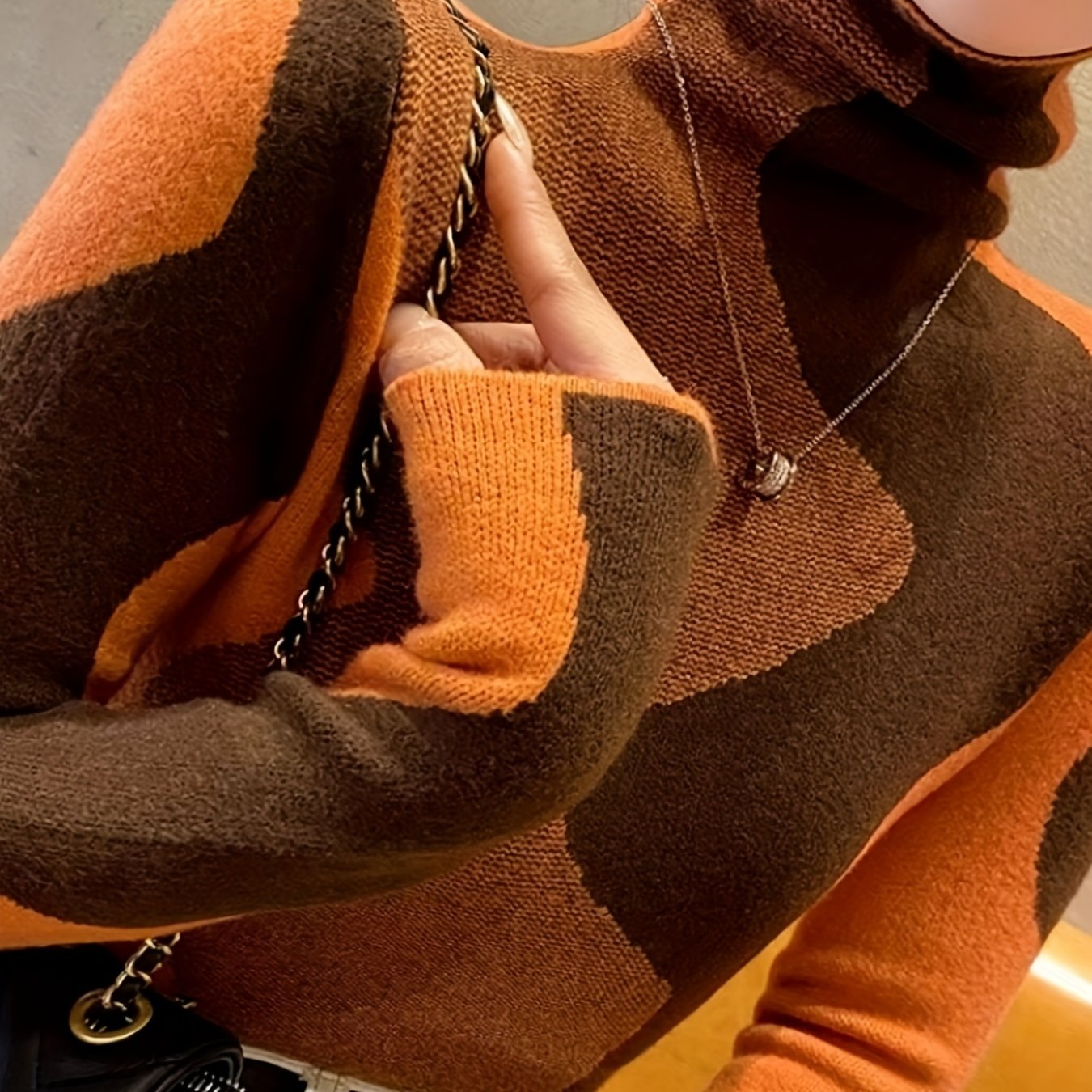 Elegant Turtleneck Sweater for Women - Chic Geometric Pattern, Soft Knit Blend, Perfect for Fall/Winter, Machine Washable