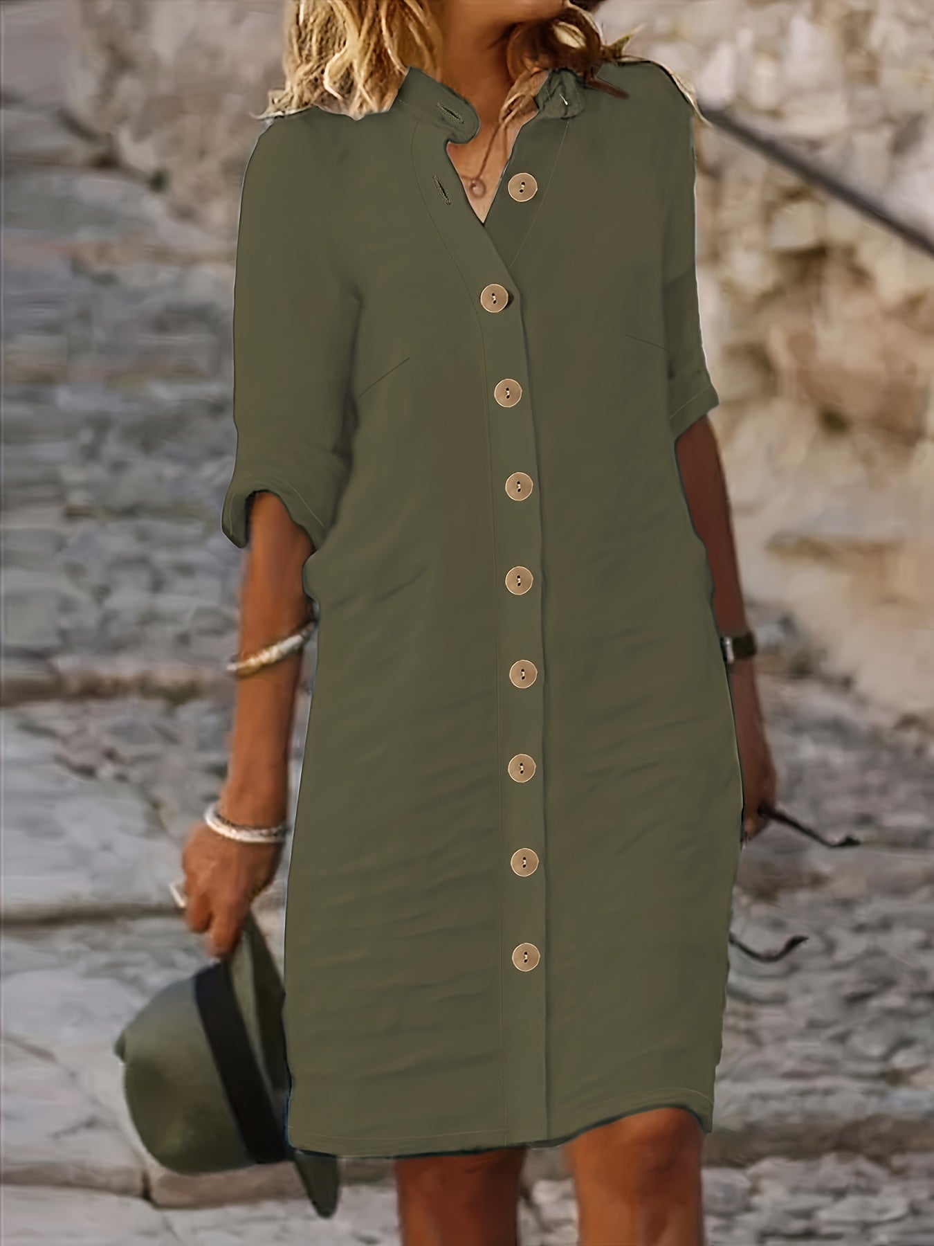 Women's Navy Blue Casual Shirt Dress - Single-Breasted Collar, Half Sleeve, Straight Cut, Machine Washable, Spring/Fall Fashion